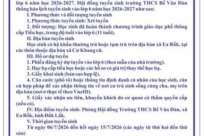 TRƯỜNG THCS BẾ VĂN ĐÀN THÔNG BÁO TUYỂN SINH LỚP 6 NĂM HỌC 2026 – 2027